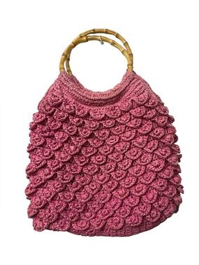 Vintage J.Crew Pink Straw Hobo Bag with Bamboo Handles.